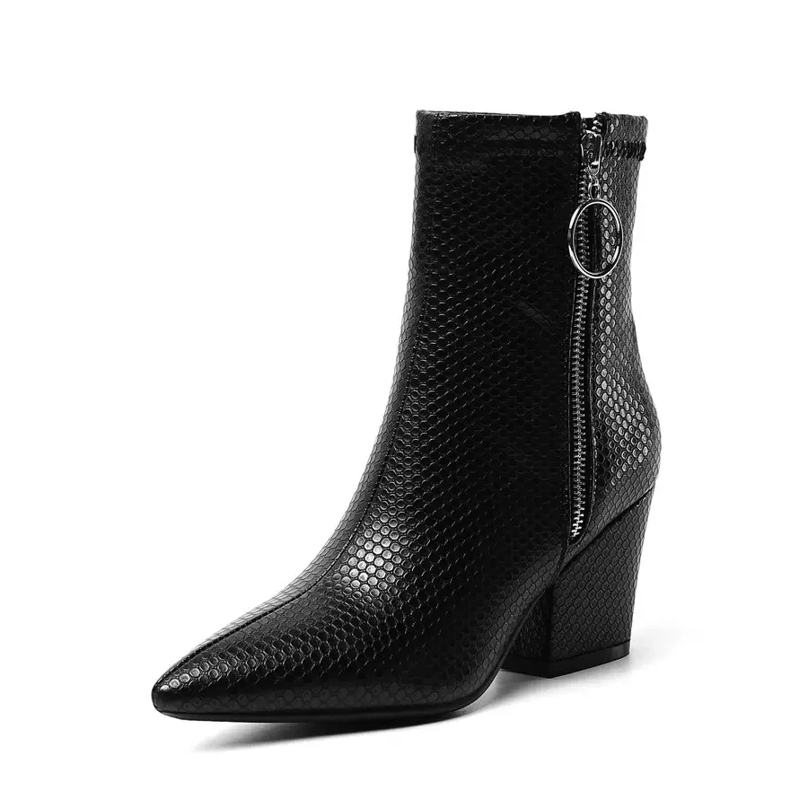 

Winter Plush Women Ankle Boots Black Yellow Red Faux Snakeskin High Block Heel Casual Office Lady Pointed Toe Zipper Short Boots