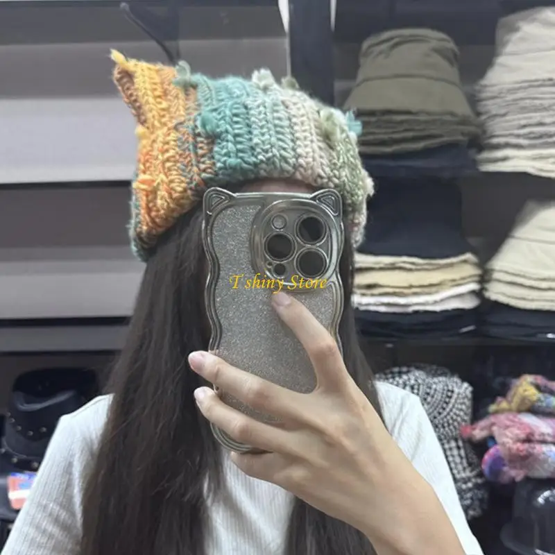 

N58F Lovely Cats Ear Tassels Knitted Hat Outdoor Leisures Warm Hat Winter Autumn Hat