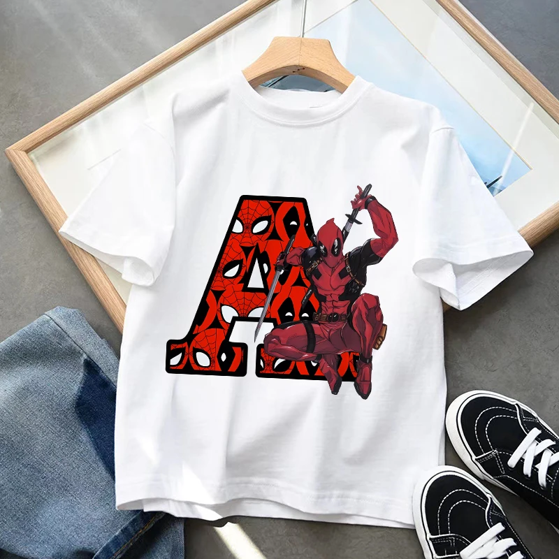 

Deadpool Children T Shirt Letter A B C D Name Combination for Girl Clothes Cartoons Kid Boy T-shirts Casual Short Sleeve Tops