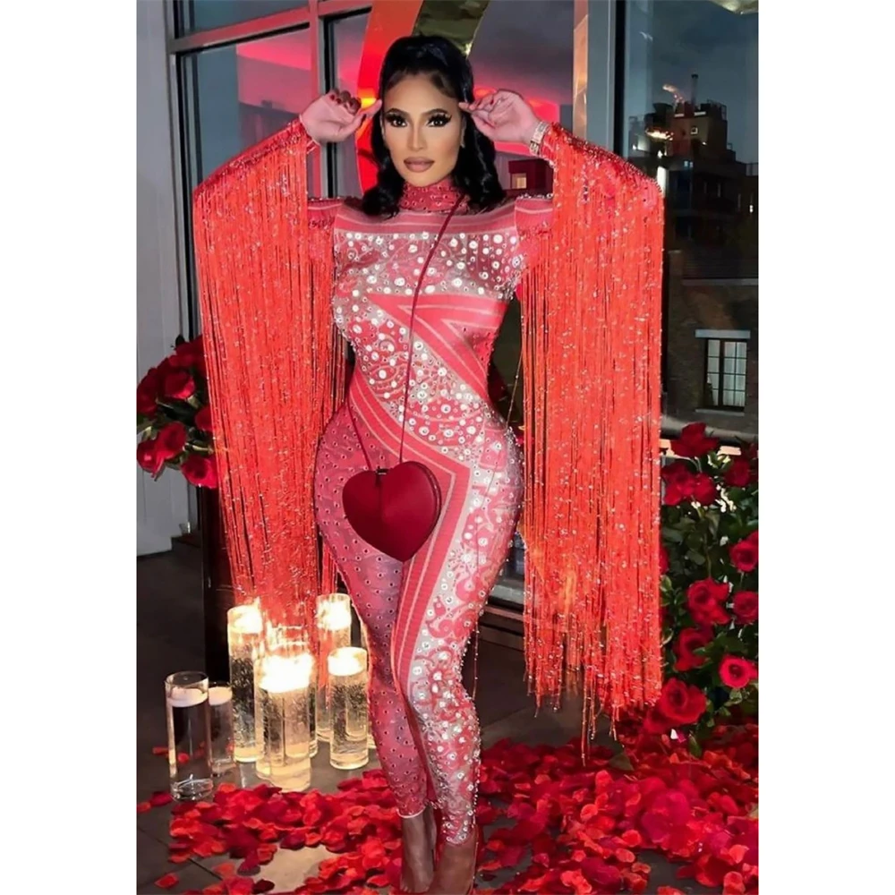 New Performance Dress Nightclub Bar Female Bodysuit  Singer Printed Fringe Dance Team GOGO Party Sexy Slim Fit DJ Jumpsuit