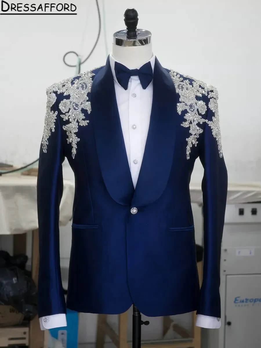 Blue Appliques Lace Beaded 2 Piece Blazer Pants Men Suits Formal Prom Wedding Groom