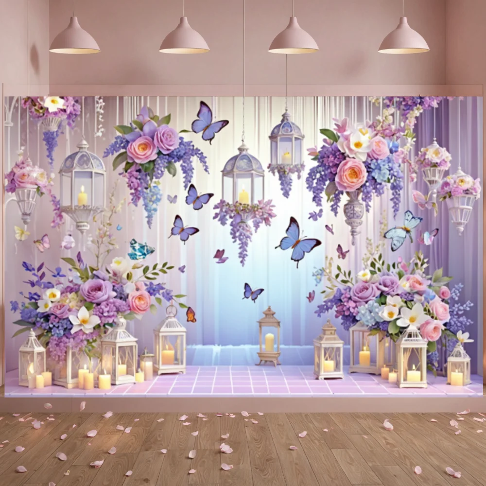 Fotografie Hintergrund Lila Rosa Schmetterling Party Banner Geburtstag Hochzeit Party Blume Schmetterling Hintergrund Kuchen Zerschlagen Dekor Foto