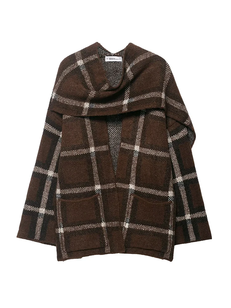HH 2026 Woman Casual Plaid Scarf Collar Pocket Decoration Long Sleeve Knitted Street Coat Female Loose Casual Short Cardigan Top
