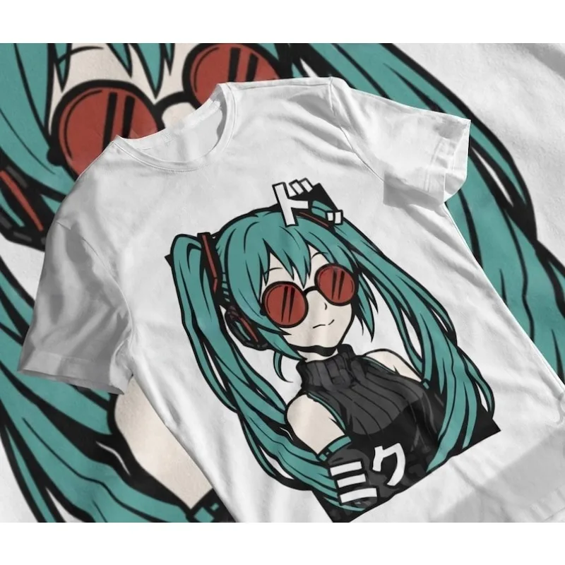 2026 Summer Hatsune Miku Retro Kawaii T-shirt Men's Oversize Casual Cotton Printed Short-sleeved Unisex Children's Sports Shirt