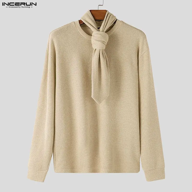 INCERUN Kemeja Pria Warna Solid Kerah O Lengan Panjang Pakaian Pria dengan Dasi Pakaian Jalanan Rajutan Longgar Fashion Kasual Atasan Camisas 2026