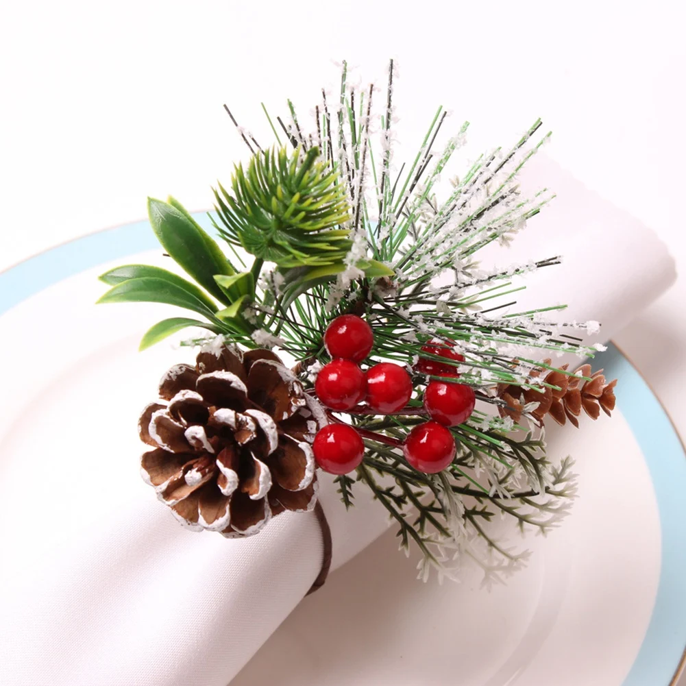 Napkin Rings Set of 6 Pine Needle Berries Christmas Thanksgiving Holiday Rustic Farmhouse Napkin Rings Holders
