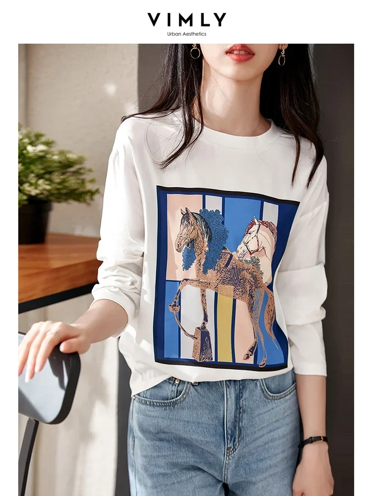 Vimly White Graphic T shirts for Women 2023 Fall Korean Fashion 69.9% Cotton Long Sleeve Tops Women\'s Autumn Printing Tee Shirts