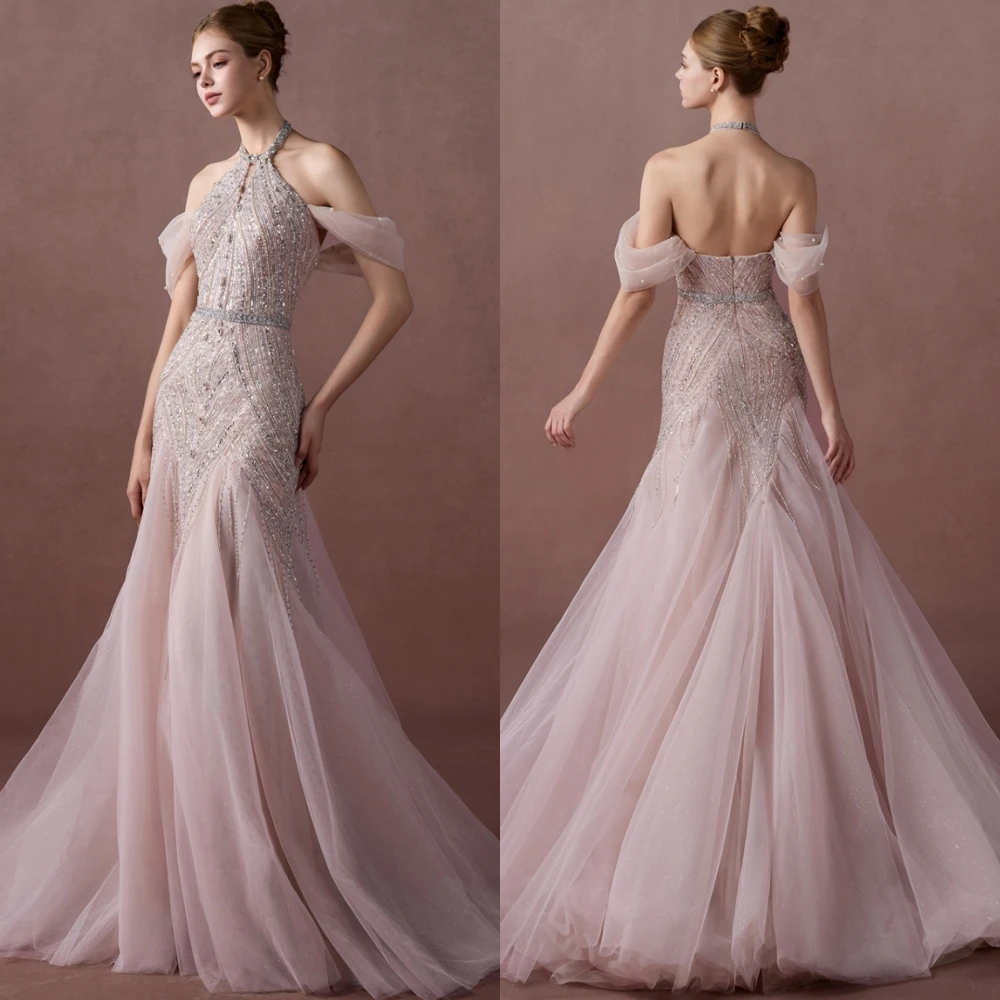

Customized Exquisite Organza Halter Evening Dress Graceful Off the Shoulder Prom Dress Delicate Beading Special Occasion Gowns