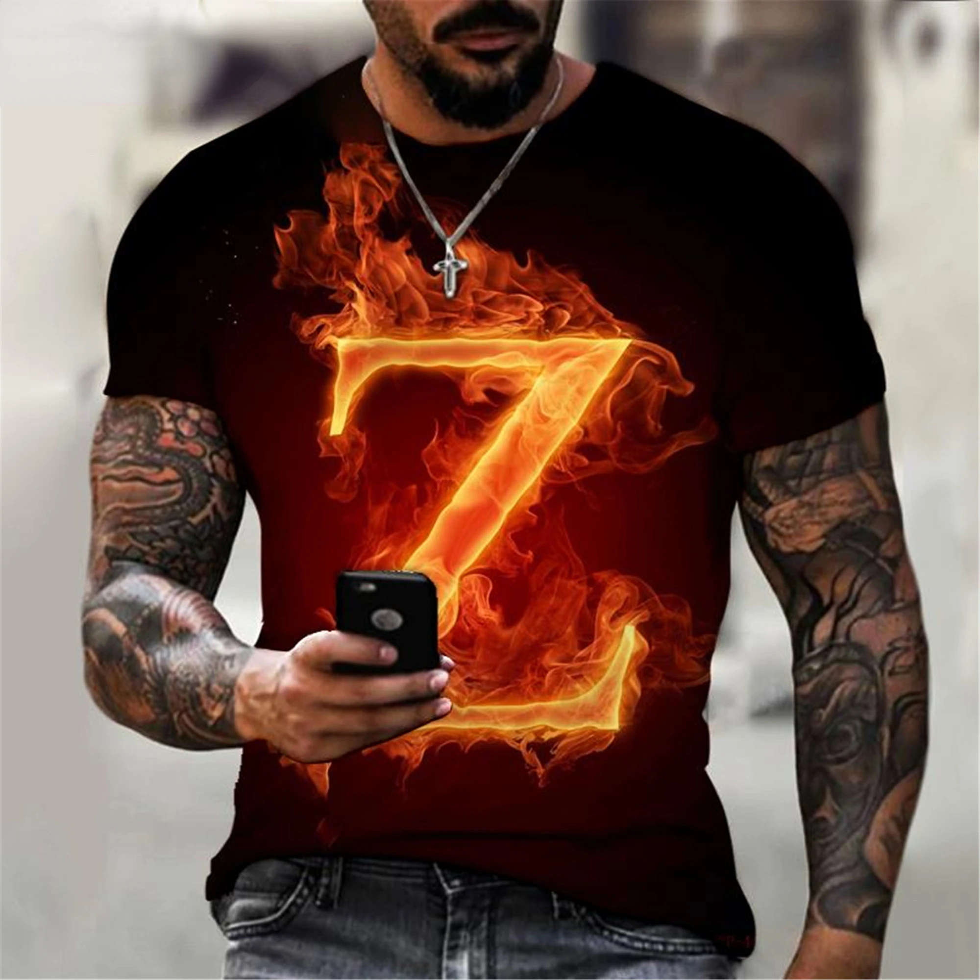 2022 New RUSSIA Fashion Men\'s Flame Z Letter Tee Shirt 3d Printing T Shirt Short Sleeve Tops