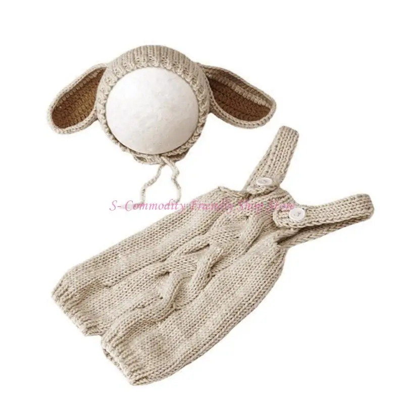 

85AE Baby Photo Props Bunny Costume Romper Rabbit Hat Newborn Photo Props Photography Clothes Knitted Outfit 2PCS