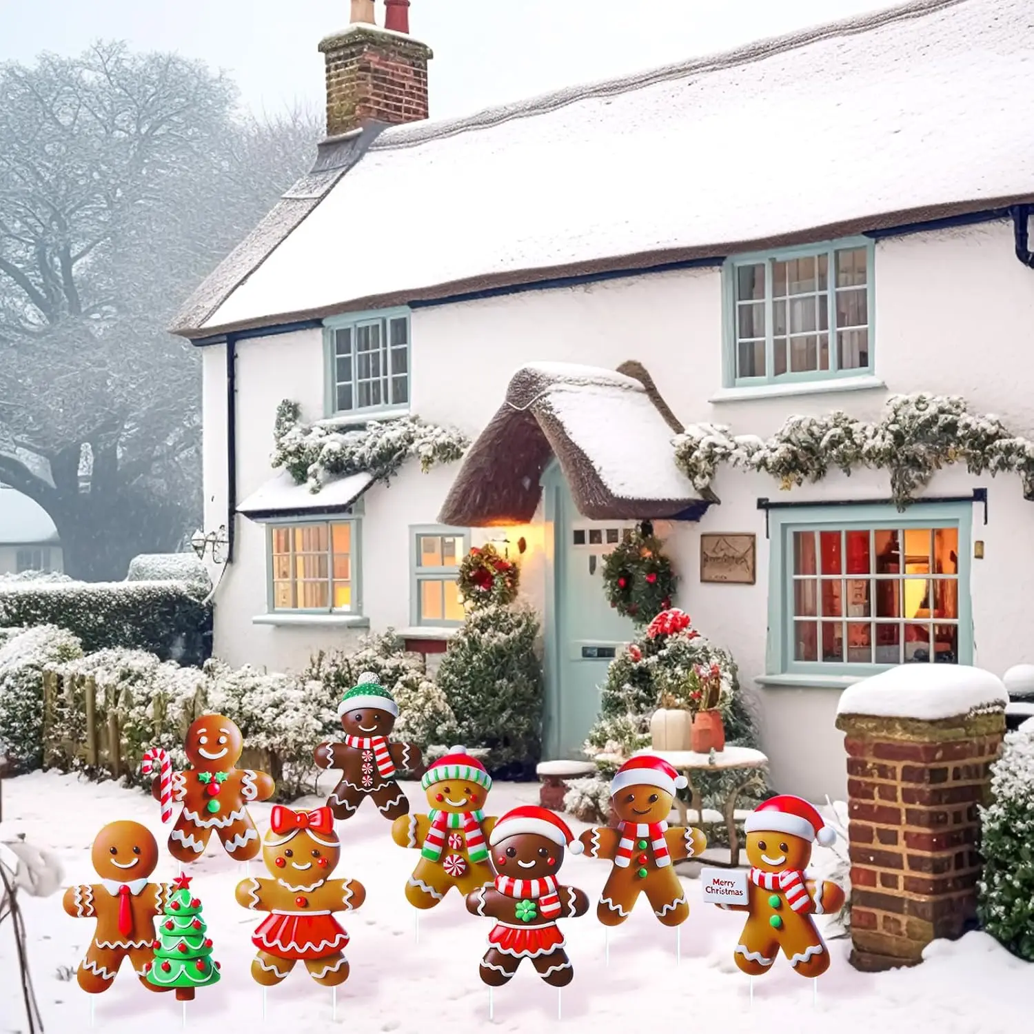 8 Pcs Christmas Gingerbread Man Yard Signs with Stakes Outdoor 3D Gingerbread House Decoration Xmas Yard Stakes Lawn Signs for C