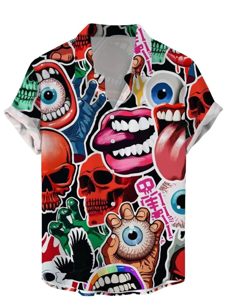 Fashion Skull Grasphic Men's Shirts Horror Skull 3D Print Streetwear Short Sleeve Tee Hawaiian Shirt Print Lapel Shirts For Men