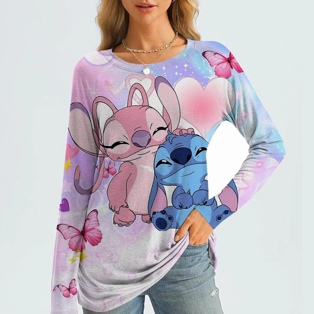 

Милая женская футболка с длинным рукавом Disney Lilo & Stitch, с круглым вырезом и длинными рукавами, осенний фестиваль, подарок, одежда, модная вечерние футболка