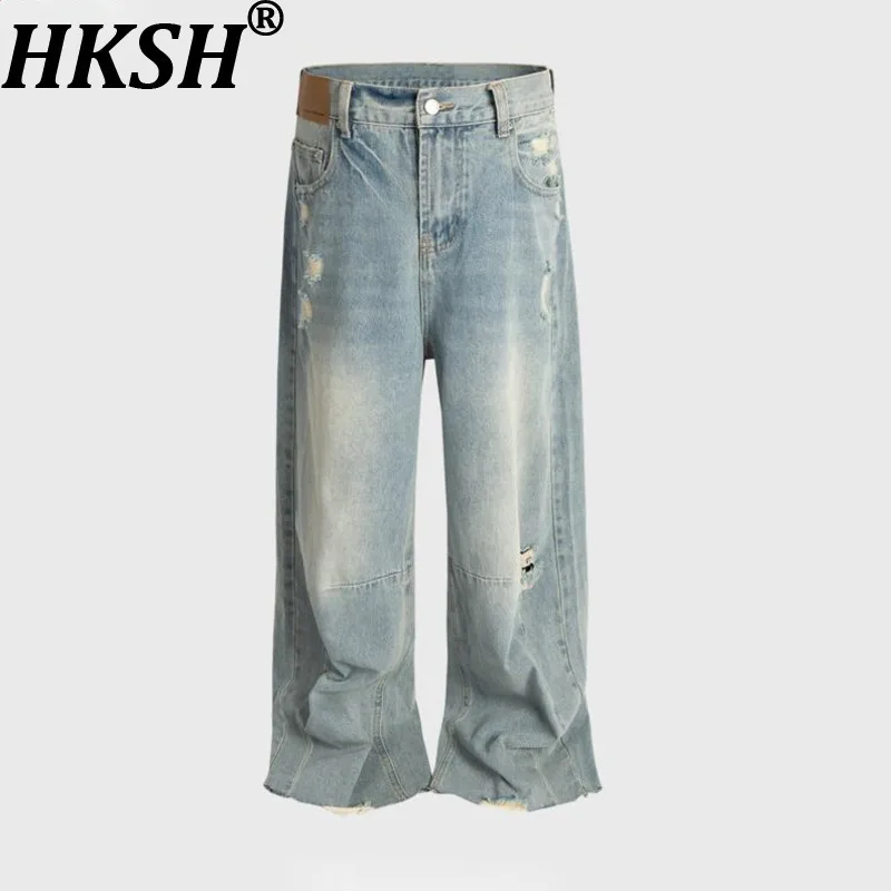 HKSH Spring Autumn New Men's Washed Vintage Ripped Frayed Distressed Deconstructed Straight Jeans Trendy Ins Denim Pants HK14523
