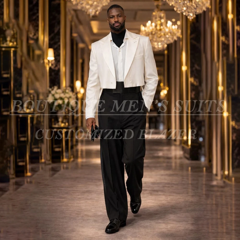 

Copped White Jacket With Black Pants Sets Men's Suits Chic Casual 2 Piece Blazer Gentlemen Male Ouerwear Costume Homme