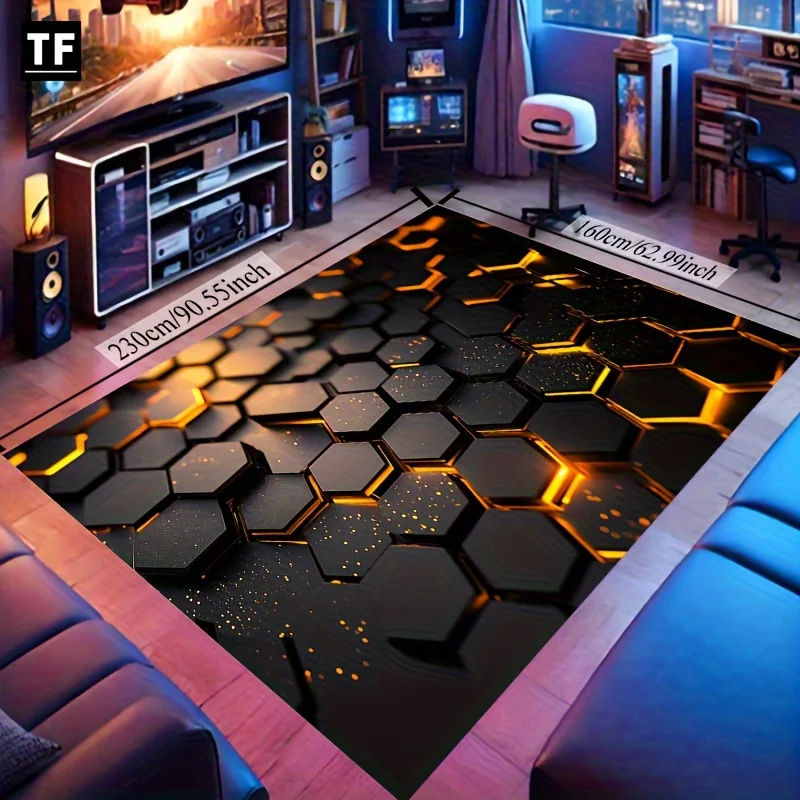 Cyberpunk Hexagon Gaming Rug - Non-slip Washable Polyester Mat with Controller Design for Bedroom Living Room Modern Decor