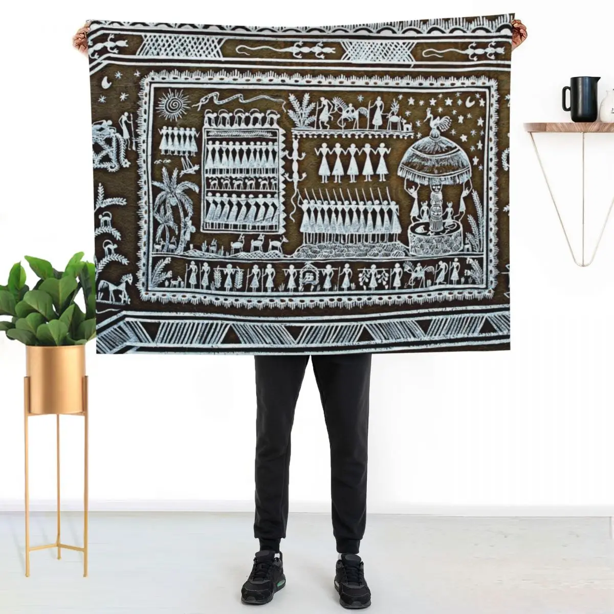 Tribal Art Saura Painting Graffiti, Odisha, India Throw Blanket Cozy Home Blanket Gift for Christmas Holiday