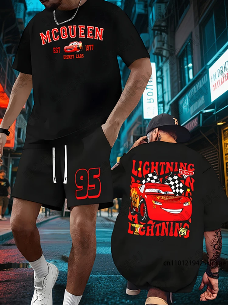 

Summer New Men's Sets Lightning McQueen Car Print Short Sleeve T-Shirt+Shorts Suit Casual Set Sports Streetwear 2 Piece Outfits