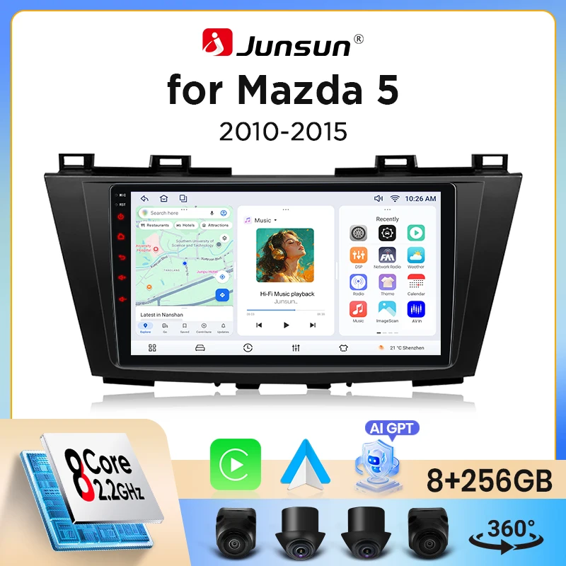 Image of Junsun Wireless CarPlay Android Auto Autoradio für Mazda 5 Mk3 (CW) 2010-2015 mit integriertem Lüfter, Android GPS-Navigation, Multimedia-Player, WiFi, DSP, RDS, BT, SWC, IPS-Touchscreen, Autoradio,