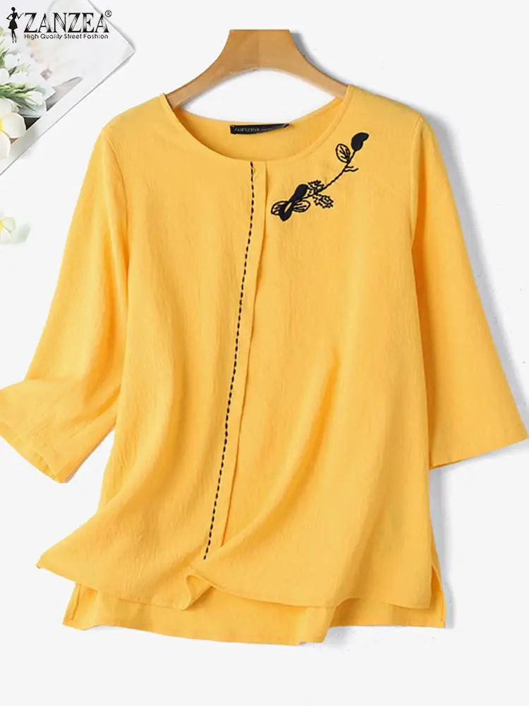 ZANZEA Summer Elegant Embroidery Floral Blouse Women Vintage O Neck 3/4 Sleeve Casual Top Fashion Work Shirt Loose Holiday Blusa