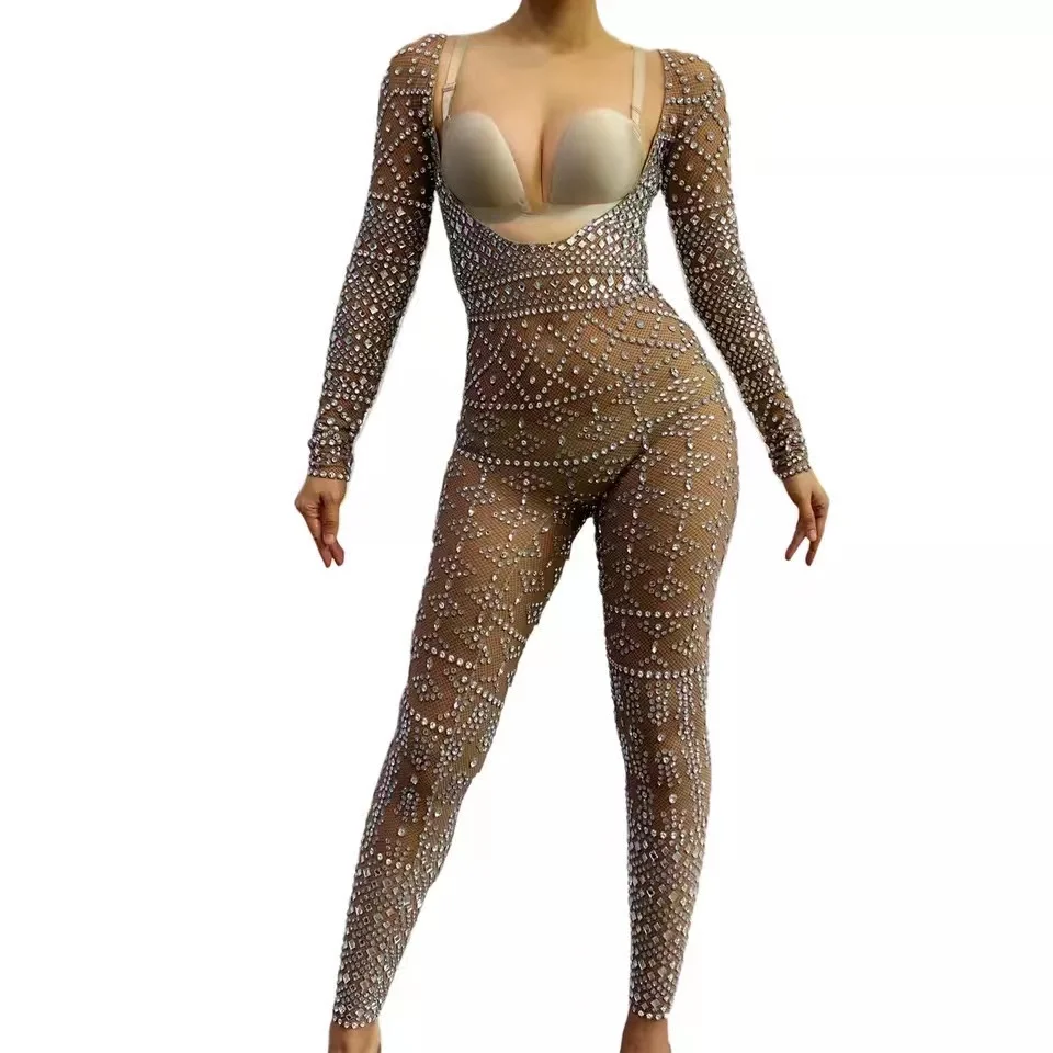 Sexy Women Dancer Performance Bodysuit Evening Birthday Party Celebrate Outfit Mesh Transparent Rhinestones Stretch Jumpsuit