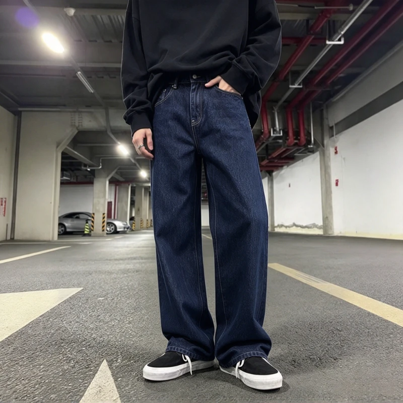 Autumn Men's Jeans Loose Straight Wide Leg Pants Solid Color European and American Style Simple Casual Pants for Men