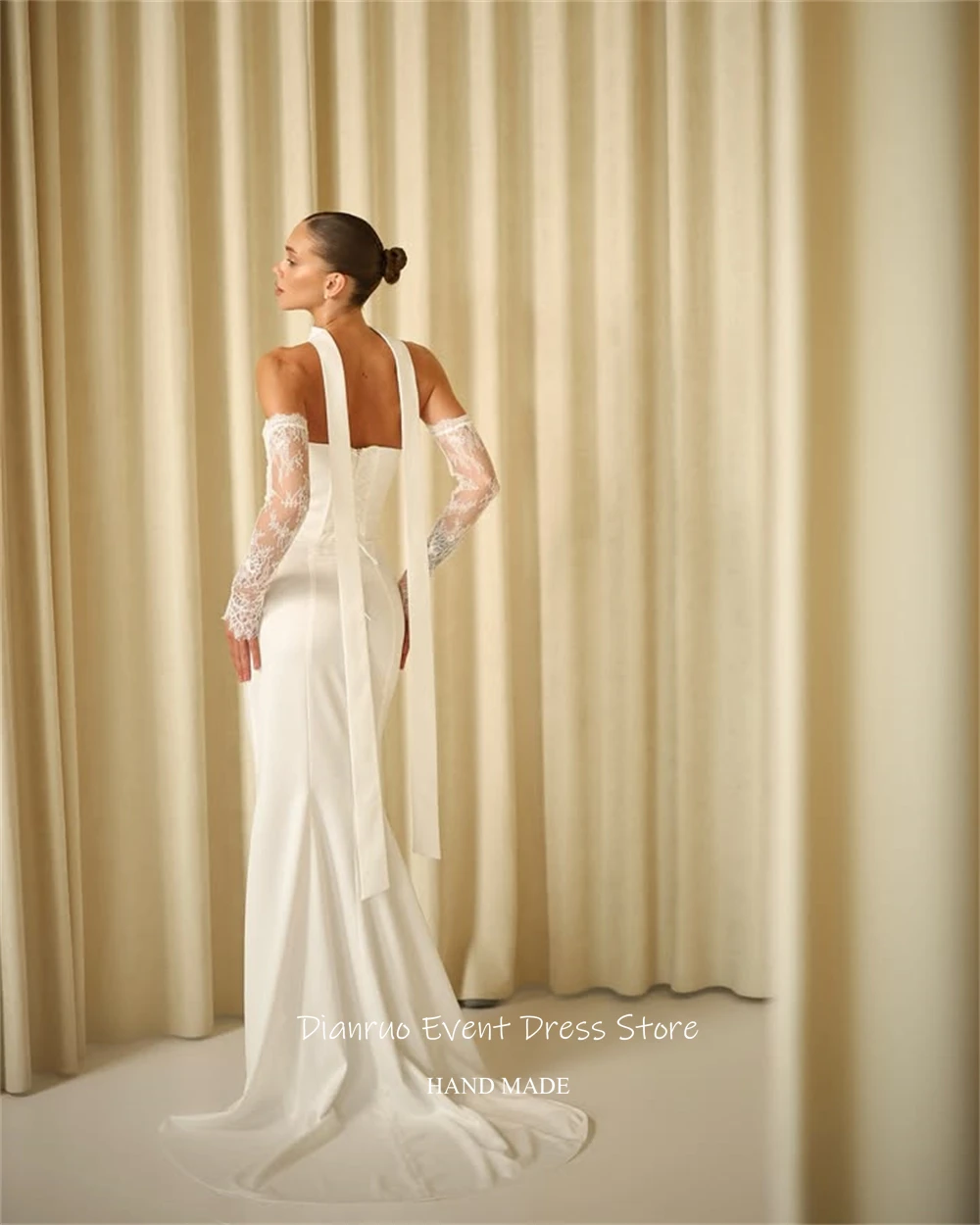 Dianruo Abiti da sposa con applicazioni increspate Sirena senza spalline Abiti da sposa Boda Nastri Abiti da sera in pizzo civile Personalizzati