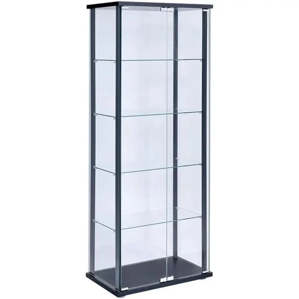 Modern Black Glass Curio Cabinet with 5 Shelves, 64.25 H x 23.75 W x 14.5 D, Mirrored Back & Hinged Glass Door for Living or Din
