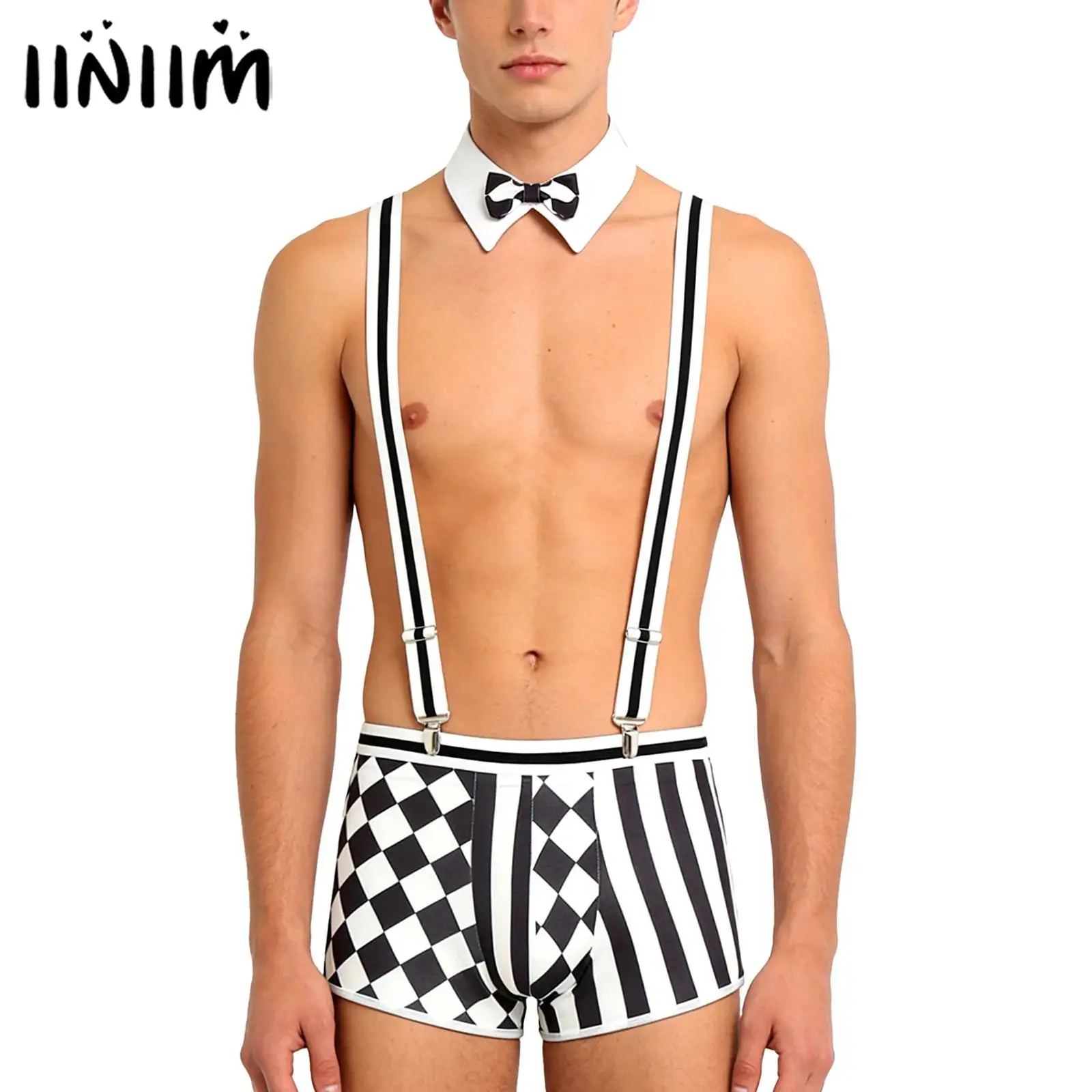 

Мужской комплект косплей-белья: боксеры в клетку и полоску, с отстегивающимися Y-образными подтяжками и воротником-бабочкой