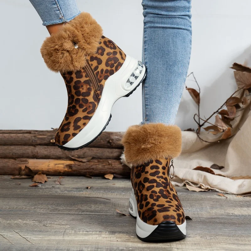 Leopard Women Platform Fur Ankle Boots High Heels Shoes Winter 2025 Trend New Short Plush Warm Casual Sport Snow Botas Mujer