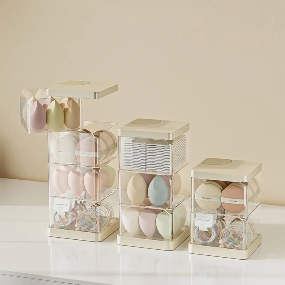 Multifunctionele Draaibare Cosmetische Opbergdoos Transparante Meerlaagse Desktop Organizer Stofdichte Vierkante Make-Up Sponshouder