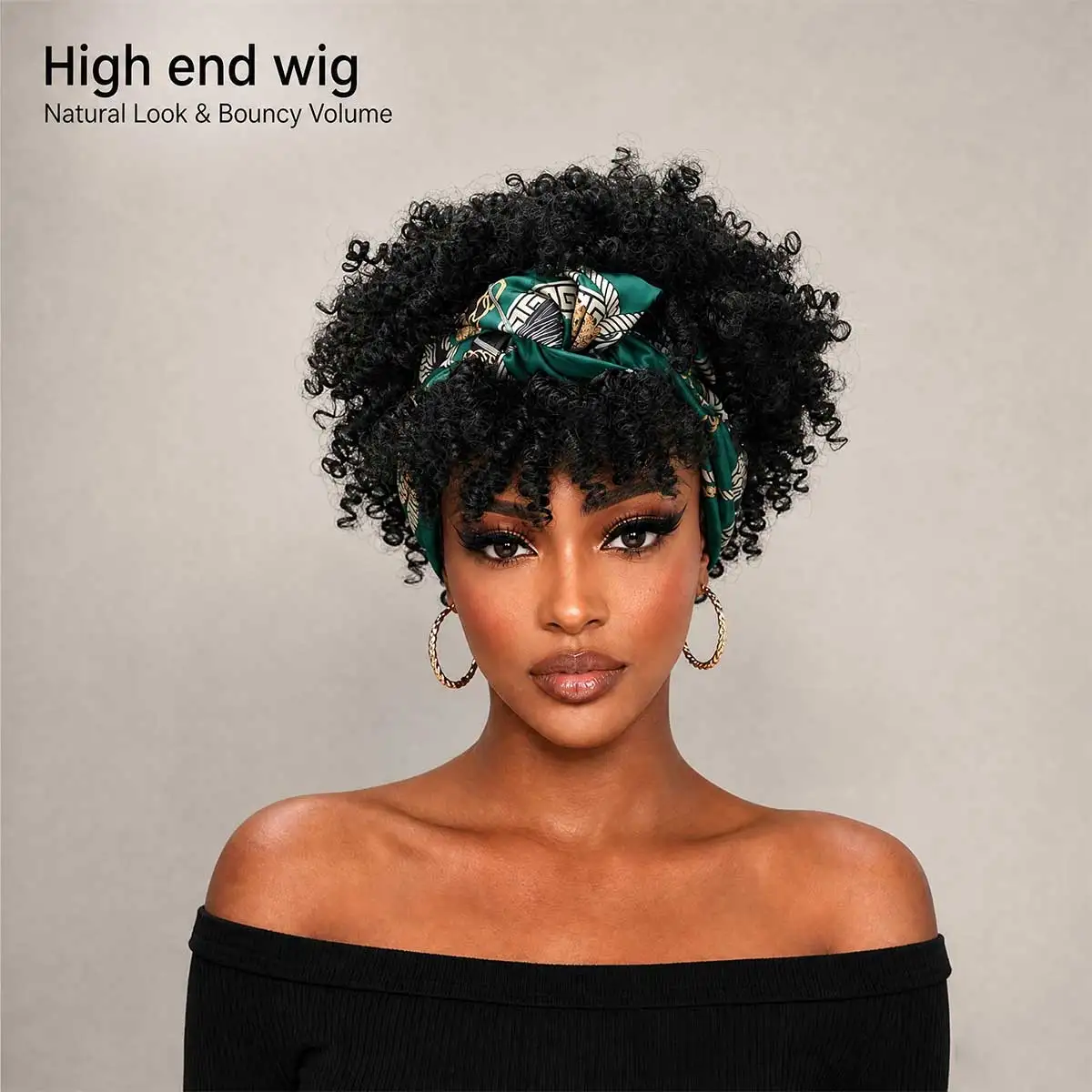 Retro Printed Green Turban Kinky Curly Headband Wig Heat‑Resistant Synthetic Glueless Wear‑and‑Go Short Afro Curls Wig for Women