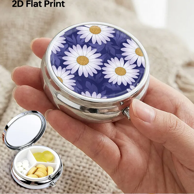 Portable Metal Pill Box, Three-Compartment Mini Pill Box, White Daisy Pattern, Navy Blue Plant-Themed Pill Box, Travel Wallet Pocket Organizer, Daily Vitamin Supplement Storage Box, Compact and Durable, Women's Gift