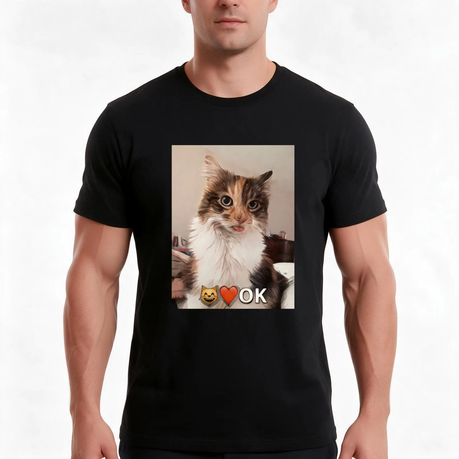 Cartoon Design Of Silly OK Cat Sticking Her Tongue Out T-Shirt Summer Casual Cotton Tee Oversized Streetwear Tops 100% Cotton