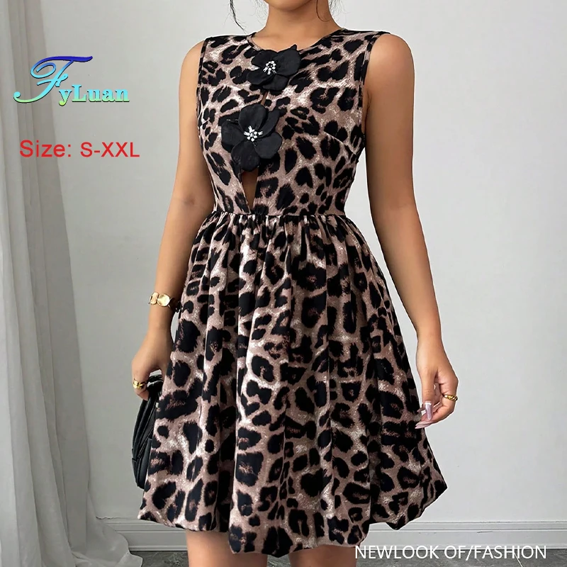 サマースパイシーガールスタイル　レオパード柄ノースリーブワンピース　花柄カットアウト　ハイウエスト　レディースAラインワンピース　セクシーパーティーイブニングドレス
