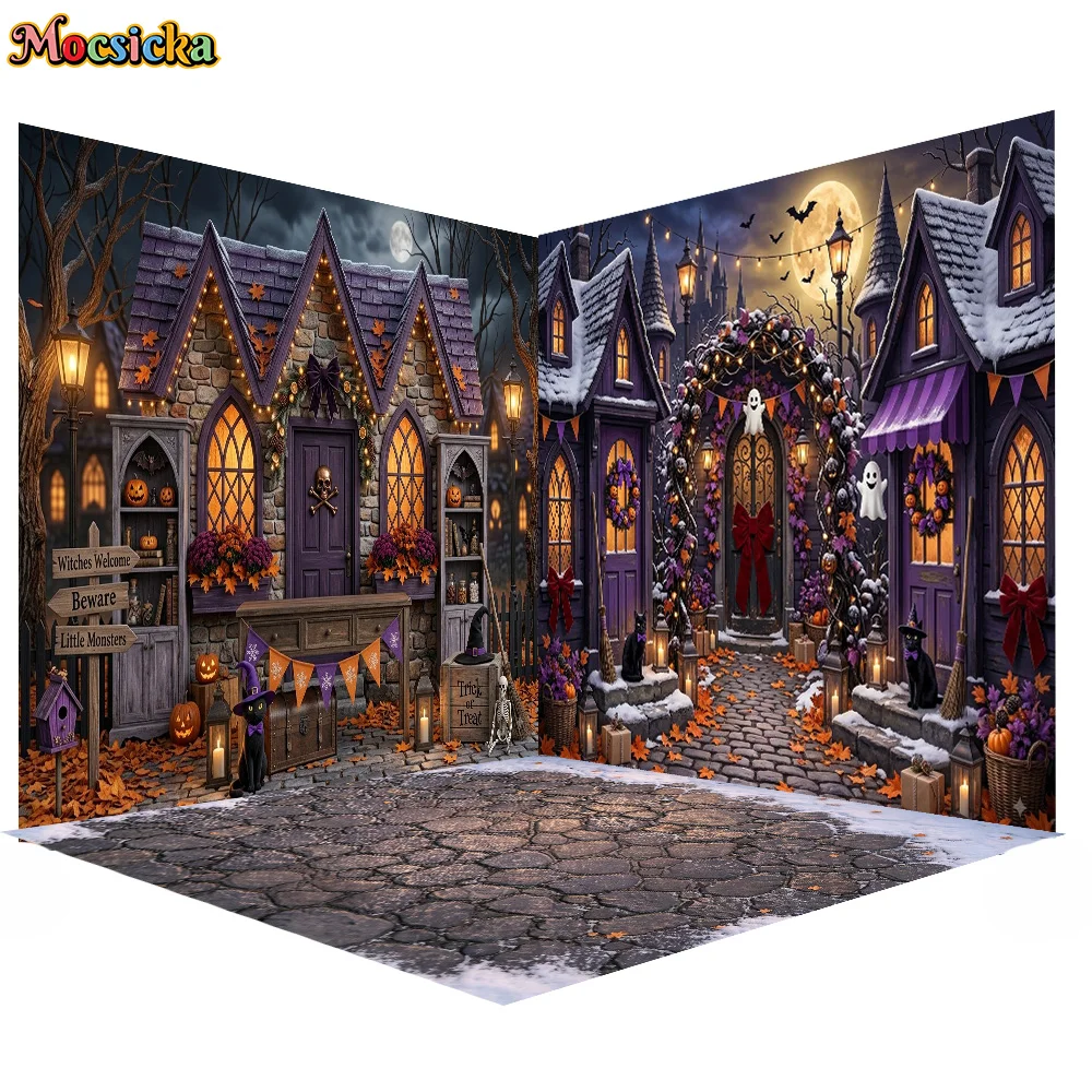 Mocsicka Fotografie-Hintergrund Hexendorf Geisterhaus 3D-Raumdekoration Kinder Halloween Feiertagsparty Porträt Studio-Requisiten