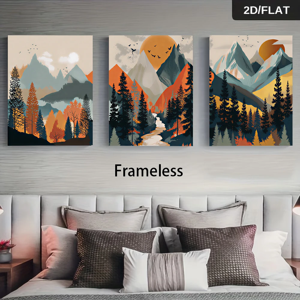 3PCS Frameless,1 set of frameless decorative triptych depicting forest and mountain scenery. Triptych, 2D flat design.