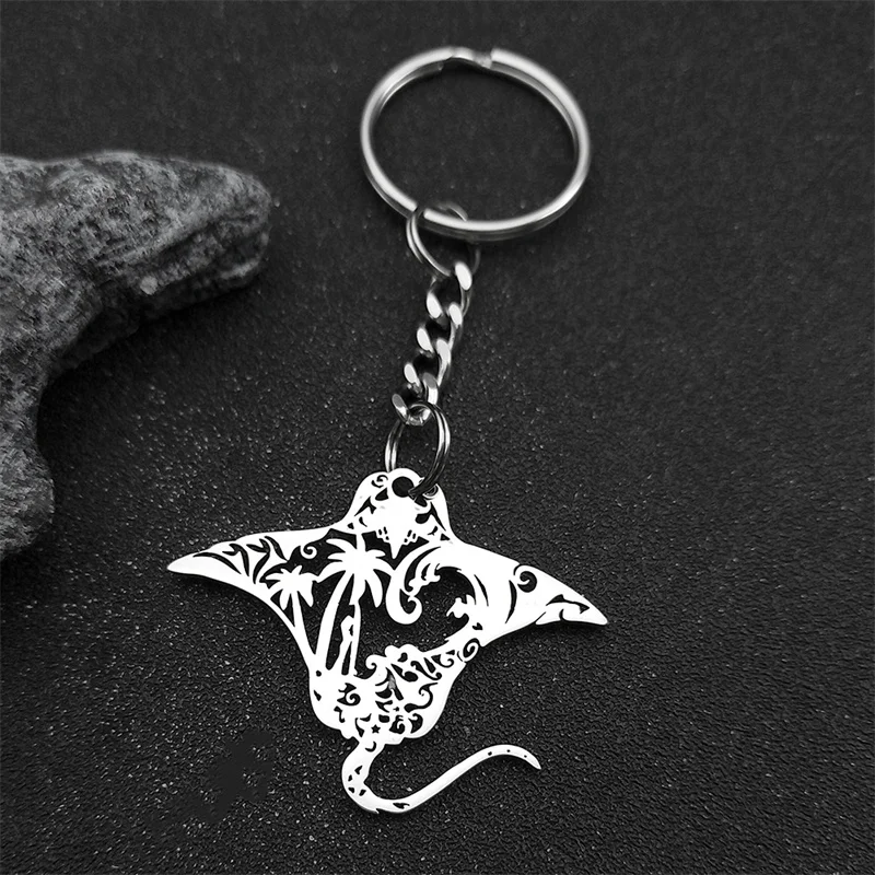 Manta Ray Sea Devil Fish Keyring For Women Men Stainless Steel Gold Silver Color Coconut Tree Nature Key Chain Jewelry