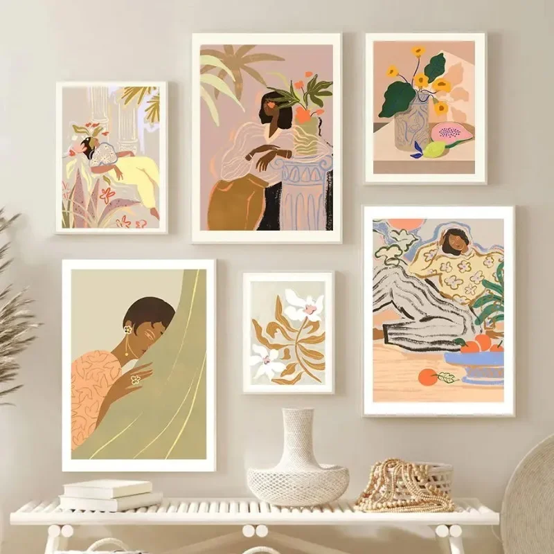 1PC frameless decorative art print,Abstract Lazy Woman Dance Lemon Papaya Fruits Wall Art Canvas Painting Poster for Living Room