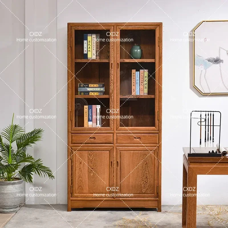 New Chinese Style All Solid Wood Bookcase with Glass Door Locker Three Piece Set for Study Room Storage and Display
