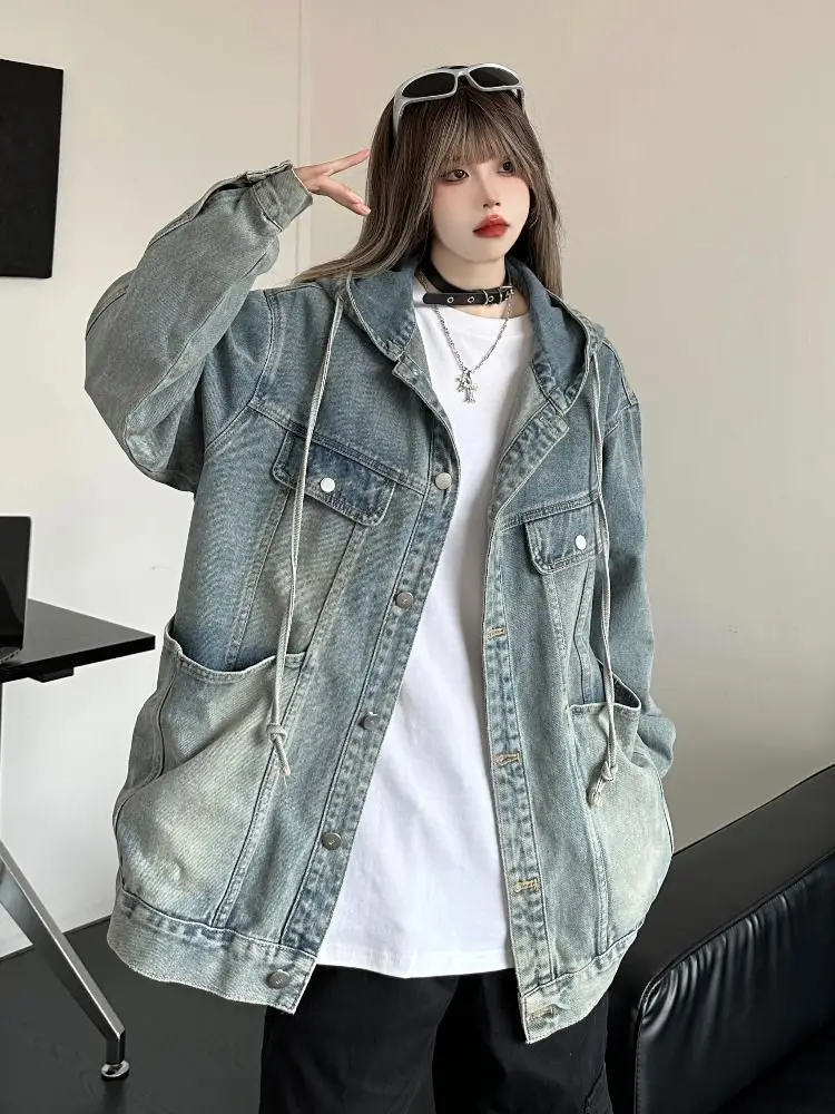 Spring Autumn Vintage Denim Jacket Three-dimensional Pocket Workwear Top Women Men High Street Coat Handsome Wash Jeans Coat