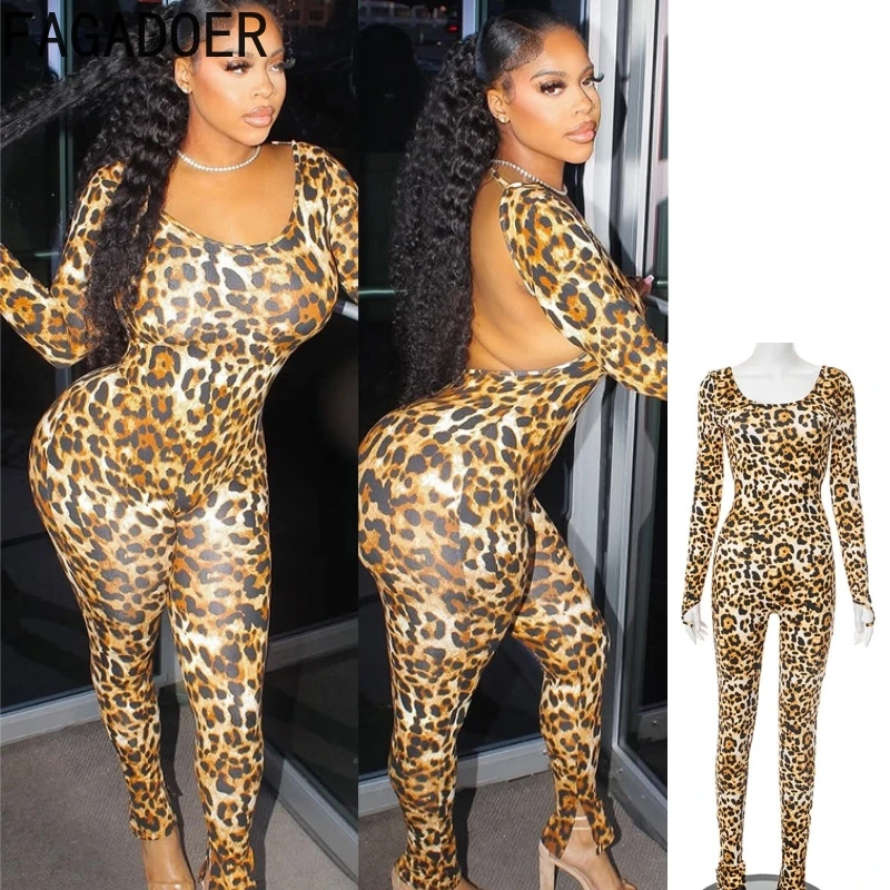 

FAGADOER Summer New Sexy Leopard Print Bodycon Jumpsuits Woman Long Sleeves Backless Rompers Fashion Female Streetwear Overalls