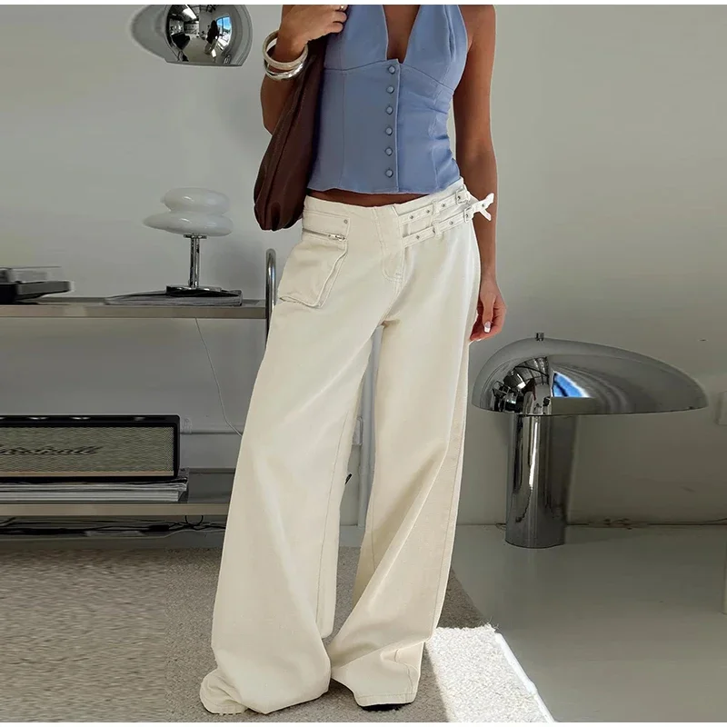 CPSYMYM Street Belt Women Jeans Mid Waist Wide Leg Pockets Loose Female Denim Pants  Spring Summer  New Fashion All-match Lady P