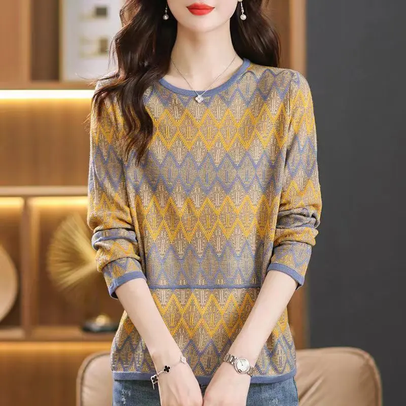 Temperament Fashion Autumn Sweaters New Women\'s O-Neck Contrast Color Striped Korean Long Sleeve Loose Pullovers Knitted Tops