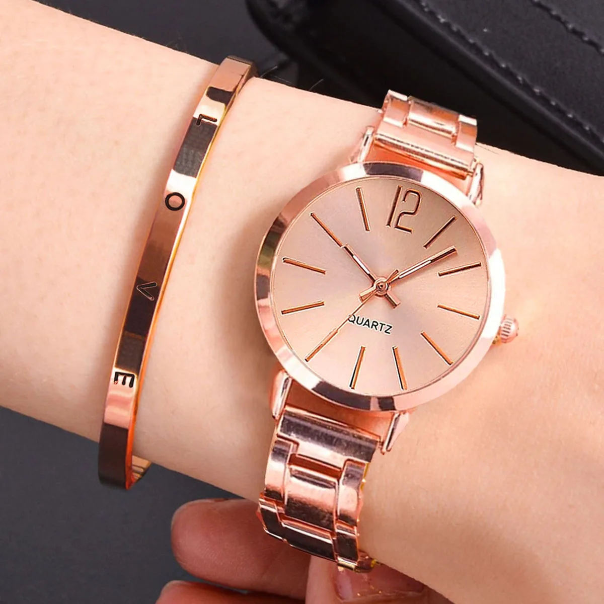 2pcs Set Watch Luxury Women Simple Dial Hollow Strap Fashion Gold Bracelet Quartz Wristwatch Student Ladies Watches Reloj Mujer