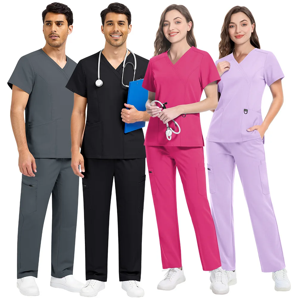 Unisex Medical Scrub Suit Set, V-Neck Short Sleeve Top Drawstring Pants Clinic Workwear, Doctor Nurse Beauty Salon Uniform