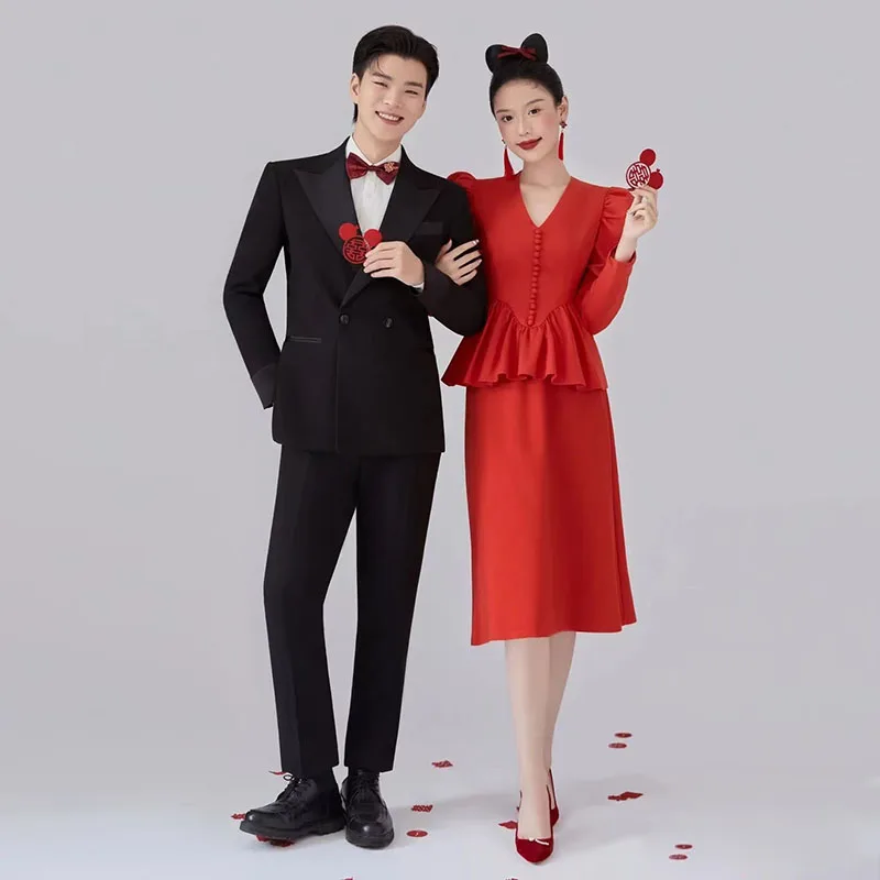 

Red Mid-Sleeve One-Shoulder Dress for Wedding Photoshoot And Evening Parties New Autumn Collection Women's Fashion