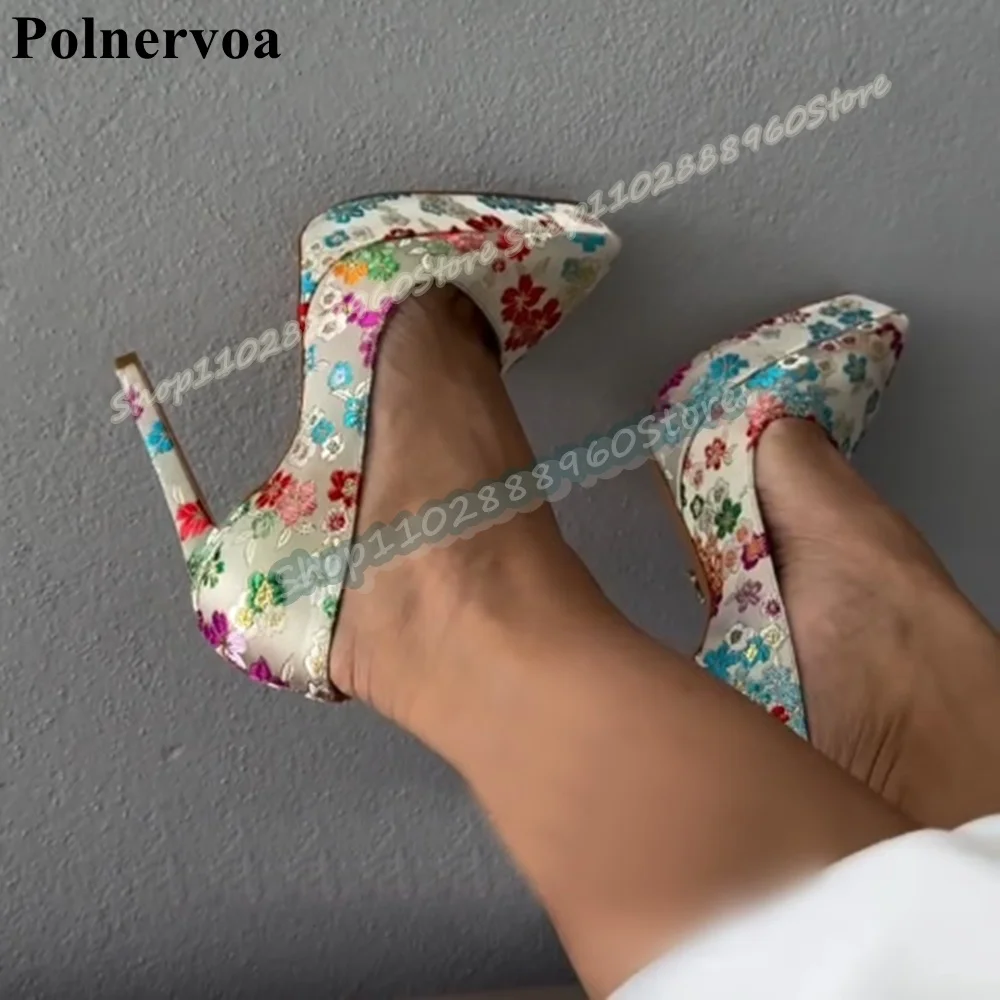 

Shallow Mixed Platform Floral Pointy Pumps Stilettos High Heel Women Shoes Slip On Pointed Toe Luxury Gorgeous Banquet Pumps