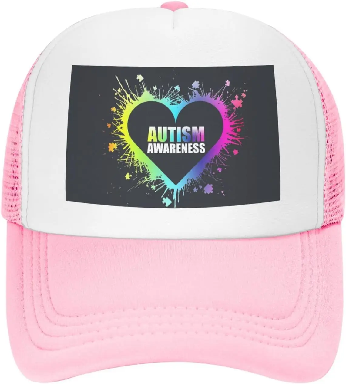Autism Awareness Colorful Splatter Heart Mesh Trucker Hat Unisex Adjustable Polyester Casual Cap
