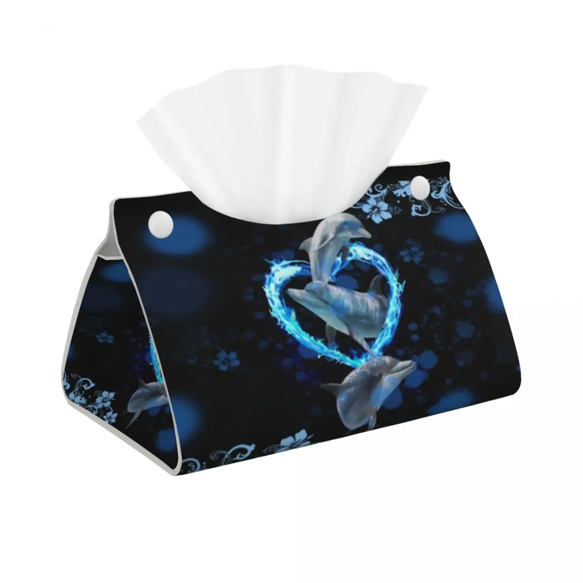 Custom Blue Dolphins Tissue Box Cover PU Leather Rectangular Ocean Blue Sea Animal Water Whale Facial Tissue Box Holder for Home